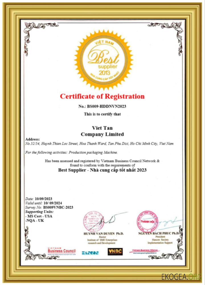 Modèle Word et PDF de certificat d'enregistrement du Vietnam